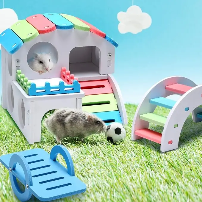 3-Piece Waterproof Wood Plastic Small Animal DIY Assembly Exercise Set - PVC Villa House, Rainbow Bridge, Seesaw Hideout for Hamsters, Rats