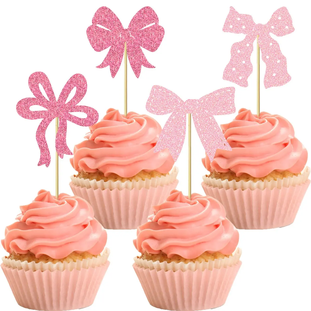 12/24Pcs Pink Bow Cupcake Toppers Bow Birthday Cake Topper Birthday Party Decorations Bowknot Cupcake Decorations for Bridal Wedding Themed Party Cake Decorations Ornaments Cake Decorating Supplies