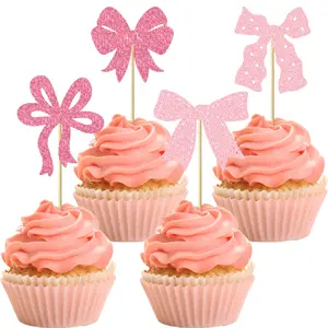 12/24Pcs Pink Bow Cupcake Toppers Bow Birthday Cake Topper Birthday Party Decorations Bowknot Cupcake Decorations for Bridal Wedding Themed Party Cake Decorations