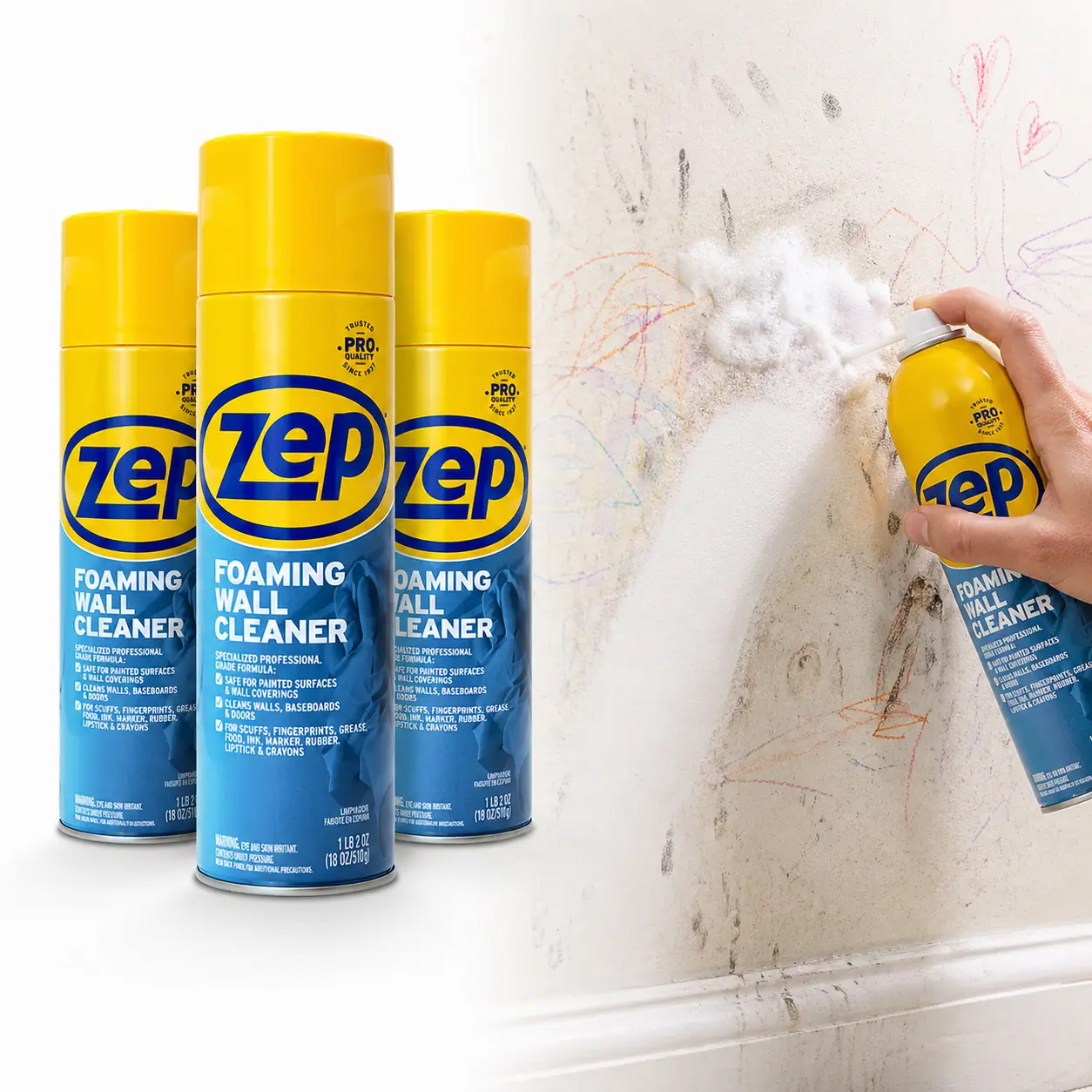 ZEP 18 oz. Foaming Wall Cleaner - Household Items, Home Care Degreaser, All-Purpose, Residue-Free, Thick Foam Cling Formula, Spray & Wipe, Paint-Safe, Gentle Quick Clean, Pre-Paint Maintenance (Children's Room, High-Traffic Areas)