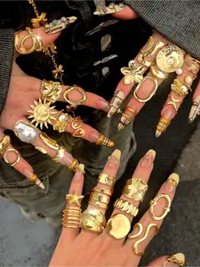 Elegant Chunky Flower Geometric Knot Star Sun Faux Pearl Layered Metal Rings Set, Vintage Style Jewelry for Party Dating Gift, Matching Jewelry Set