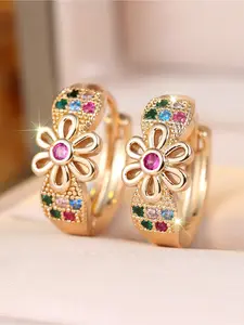 1 Pair Golden Plated Daisy Hoop Earrings with Rainbow Zircons, Hypoallergenic Cute Flower Earrings for Women Casual Wedding Party