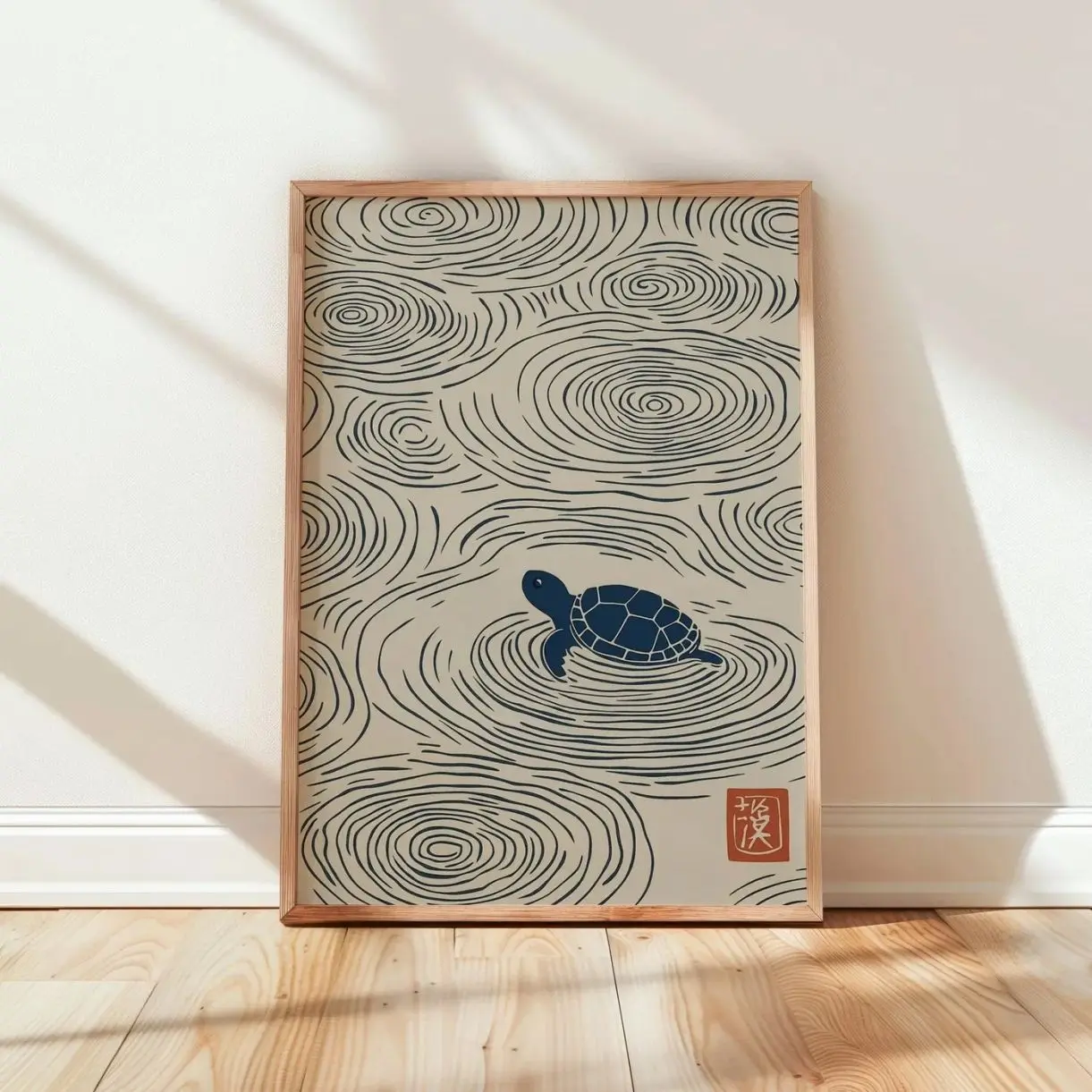 Japanese Turtle Wall Art, Minimal Zen Ocean Poster, Blue Beige Japandi Decor, Coastal Sea Turtle Print | Frameless Poster 7