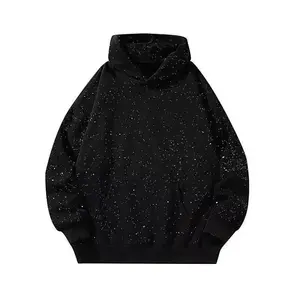 Black Speckled Oversized Hoodie, Y2K Starry Sky Splatter Print Pullover, Casual Streetwear Sweatshirt with Kangaroo Pocket, Comfy Loose Fit Hooded Top for Men Women