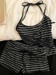 Women's Striped Halter Top and High-Waist Shorts Set, Summer Slim Fit Sleeveless Vest + Drawstring Sports Short, Casual Home Wear