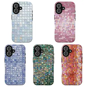 FL-Iridescent Mosaic Tile Phone Case,Iridescent Square Grid Protective Cover For iPhone 11 12 13 14 15 16 17 Air Pro Max for Samsung S26 S25 S24 S23 S22 S21 Case,Gift for her/him