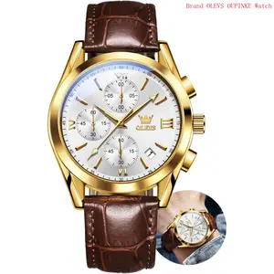 Brand OLEVS Watch Men Leather Band, Brown Leather Watch Men, Men Leather Watch, Dress Watches for Men, Mens Gold Watch Leather Strap, Waterproof Analog Chronograph Big Face Mens Watches Relojes para Hombres