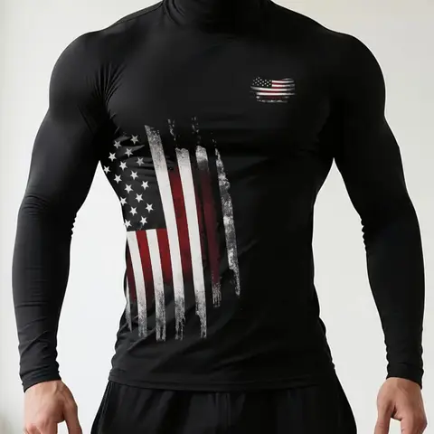 Men's High Neck Long Sleeve Slim Fit Fitted Warm Graphic Top, Casual Winter Wear, Moderate Fabric Thickness, Perfect for Cold Weather