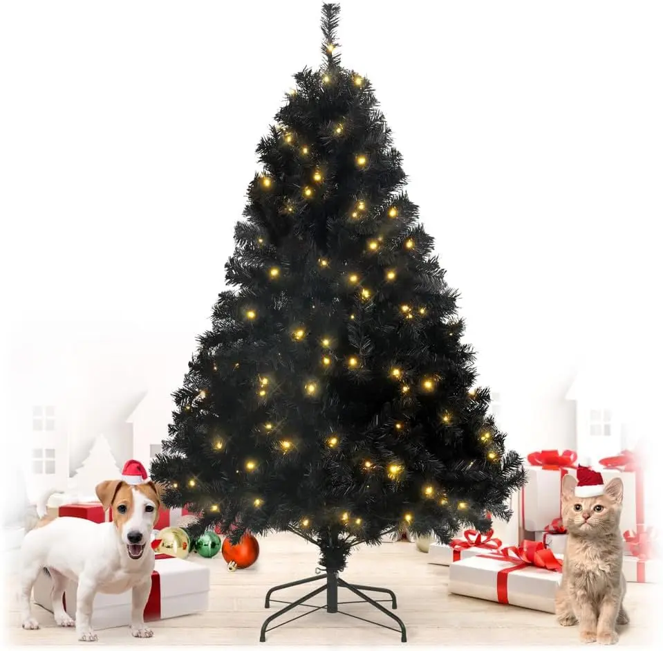 CAPHAUS 4.5/  6 Feet Artificial Black Christmas Tree w/ Tip Count, LED Lights, Pre-Hinged, with Metal Stand, Flat Shaped Leaves, for Indoor, Office, Party, Holiday Decoration