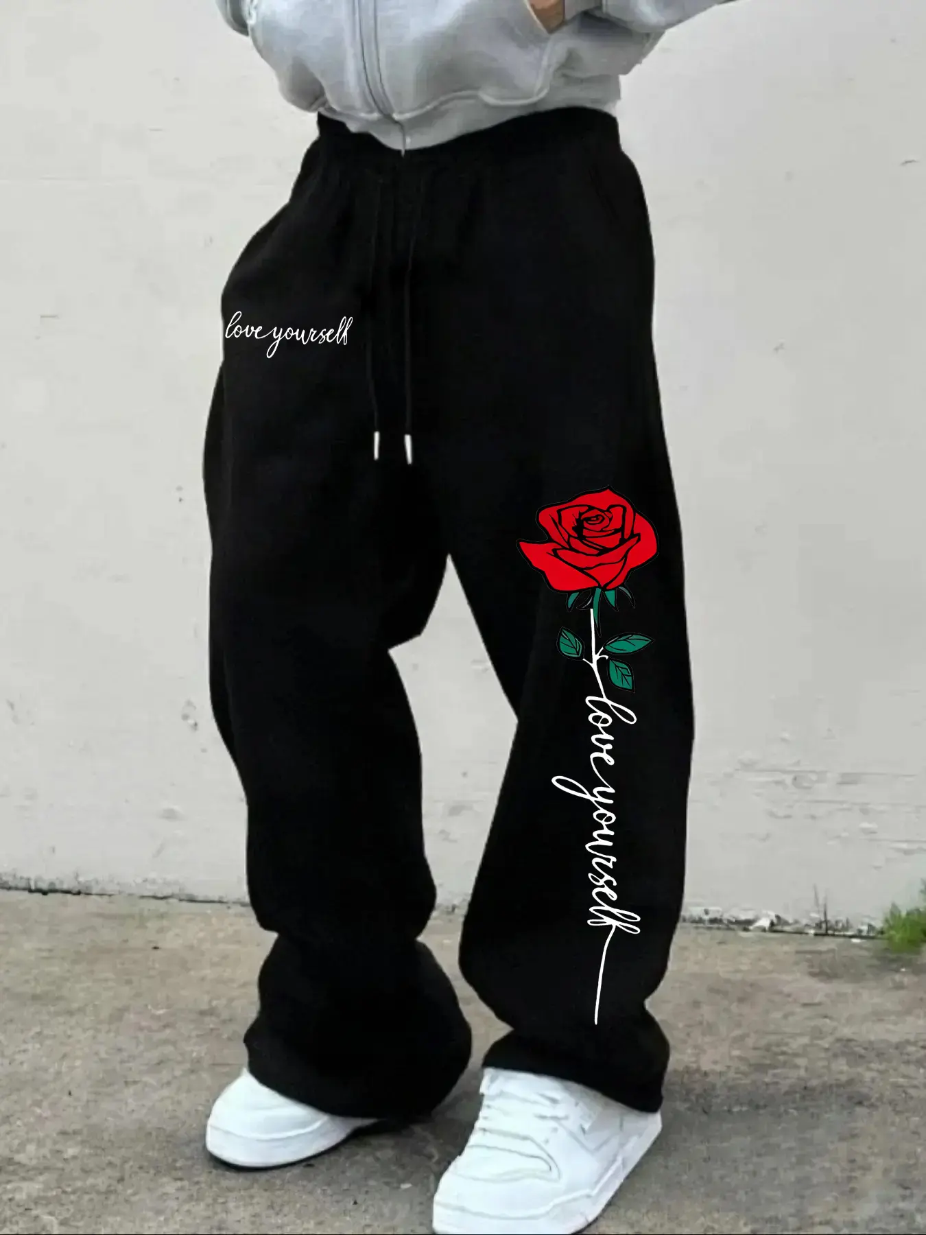 Men's Casual Sporty Long Pants, Athleisure Style Bottoms, Love Yourself & Rose Pattern Print, Drawstring Wide Leg, Loose-Fitting, All Seasons Wear, Drawstring Waist Sweatpants, Floral Print Sweatpants, Casual Comfy Sweatpants