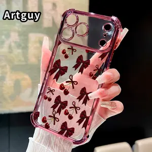 Compatible with Phone Case iPhone 17 Pro Max 16 15 Plus Air 14 13 12 11 E Cherry Bows Pattern Transparent Full Coverage Four Corners Anti-drop Casing