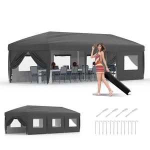 Garvee 10x30 Pop Up Canopy Tent with 8 Sidewalls, Large Party Tent for 30-50 People, Heavy Duty Event Tents with Waterproof & UV Protection, Includes Roller Bag, 8 Weight Bags & Stakes, Grey