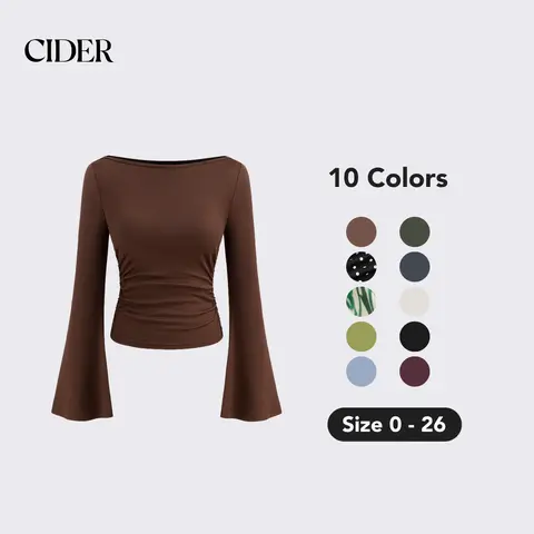Cider Women's Basic Minimalist Fitted Boat Neck Longsleeve T-Shirt - Ruched Sides, Elastane & Recycled Polyester Knit, Casual All-Seasons Pull-On Top (0XL-12/14,1XL-16/18,2XL-20,3XL,4XL), Longsleeves