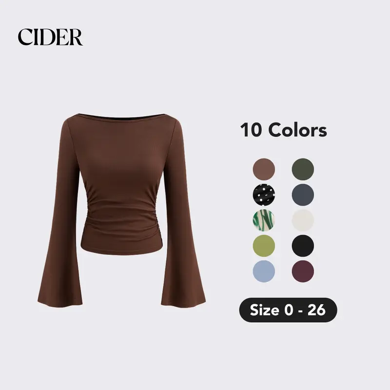 Cider Women's Basic Minimalist Fitted Boat Neck Longsleeve T-Shirt - Ruched Sides, Elastane & Recycled Polyester Knit, Casual All-Seasons Pull-On Top (0XL-12/14,1XL-16/18,2XL-20,3XL,4XL), Longsleeves