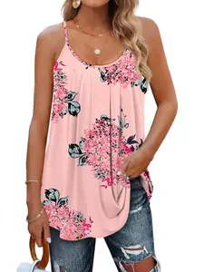 Plus Size Floral Print Plicated Cami Top, Boho Bohemian Sleeveless Adjustable Spaghetti Strap Scoop Neck Top for Summer, Women's Plus Clothing for Daily Wear, Casual Floral Sleeveless