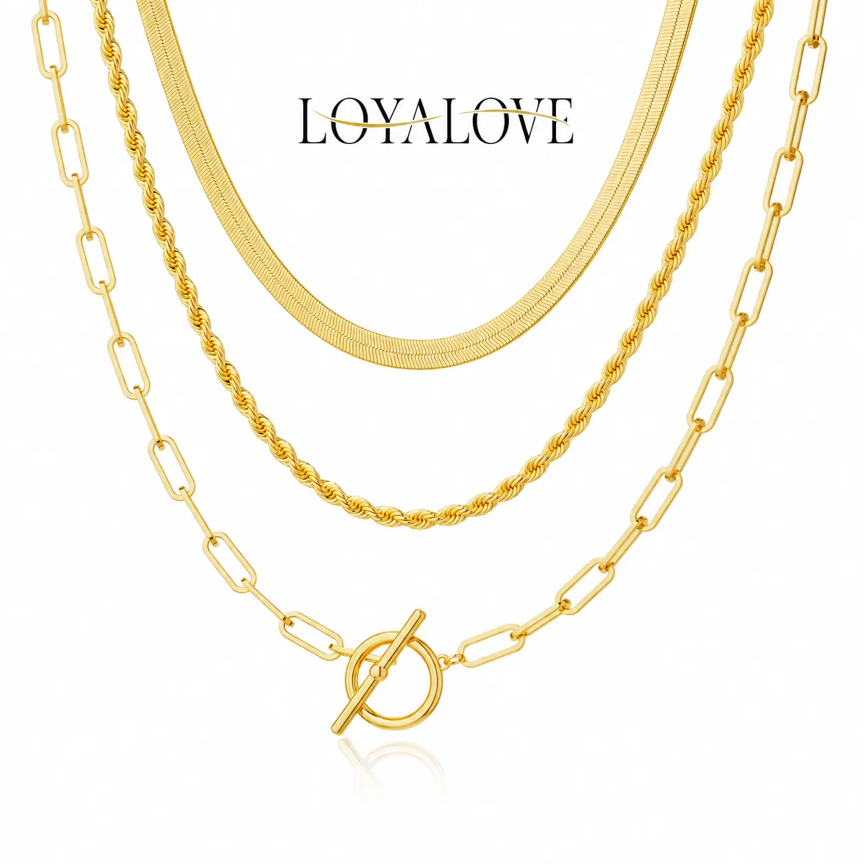 LOYALOVE 3Pcs 14K Gold Plated Layered Necklaces for Women, Herringbone Rope & Paperclip Chain Set with Toggle Clasp, Trendy Stackable Y2K Jewelry Gift