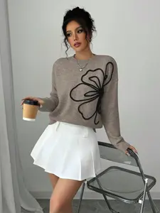 New Fashion Sweater Autumn Winter, Floral Embroidered Design Casual Round Neck Pullover Knitwear, Stylish Women's Clothing, Womenswear