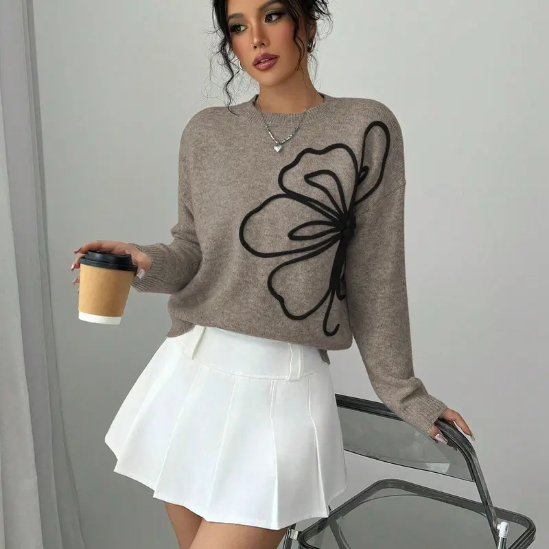 New Fashion Sweater Autumn Winter, Floral Embroidered Design Casual Round Neck Long Sleeve Fitted Pullover Knitwear Fabric, Stylish Women's Clothing, Womenswear Tops