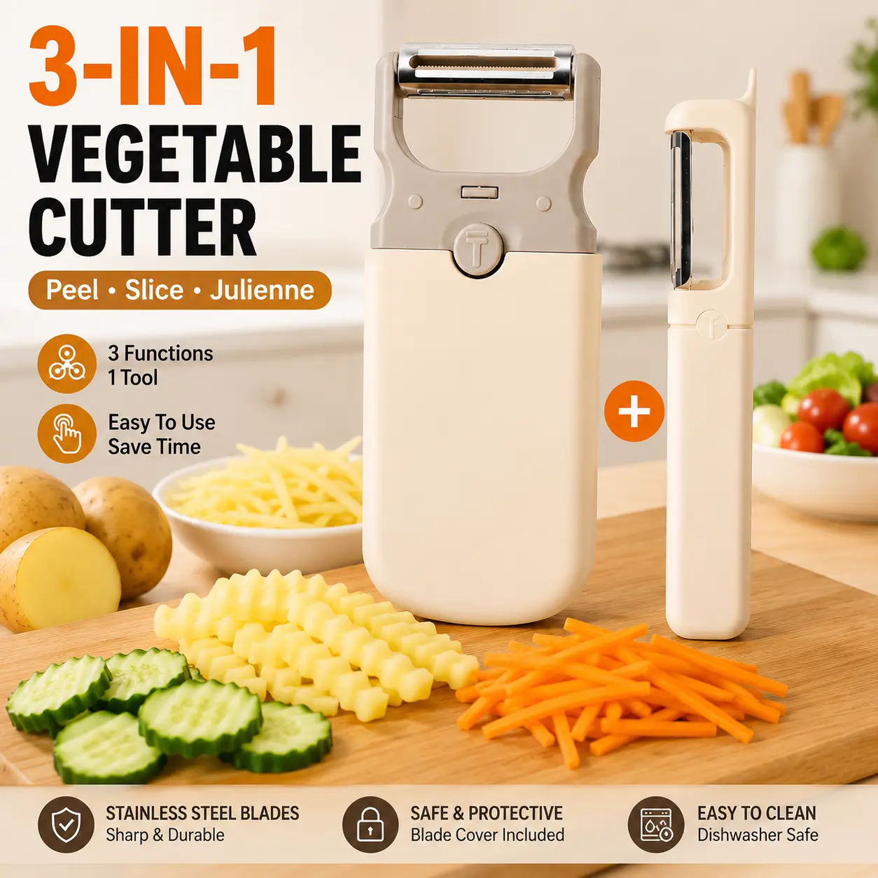3-in-1 Vegetable Cutter with Peeler, Wavy Slicer & Julienne Cutter, Multi-Function Kitchen Tool for Fruits and Vegetables