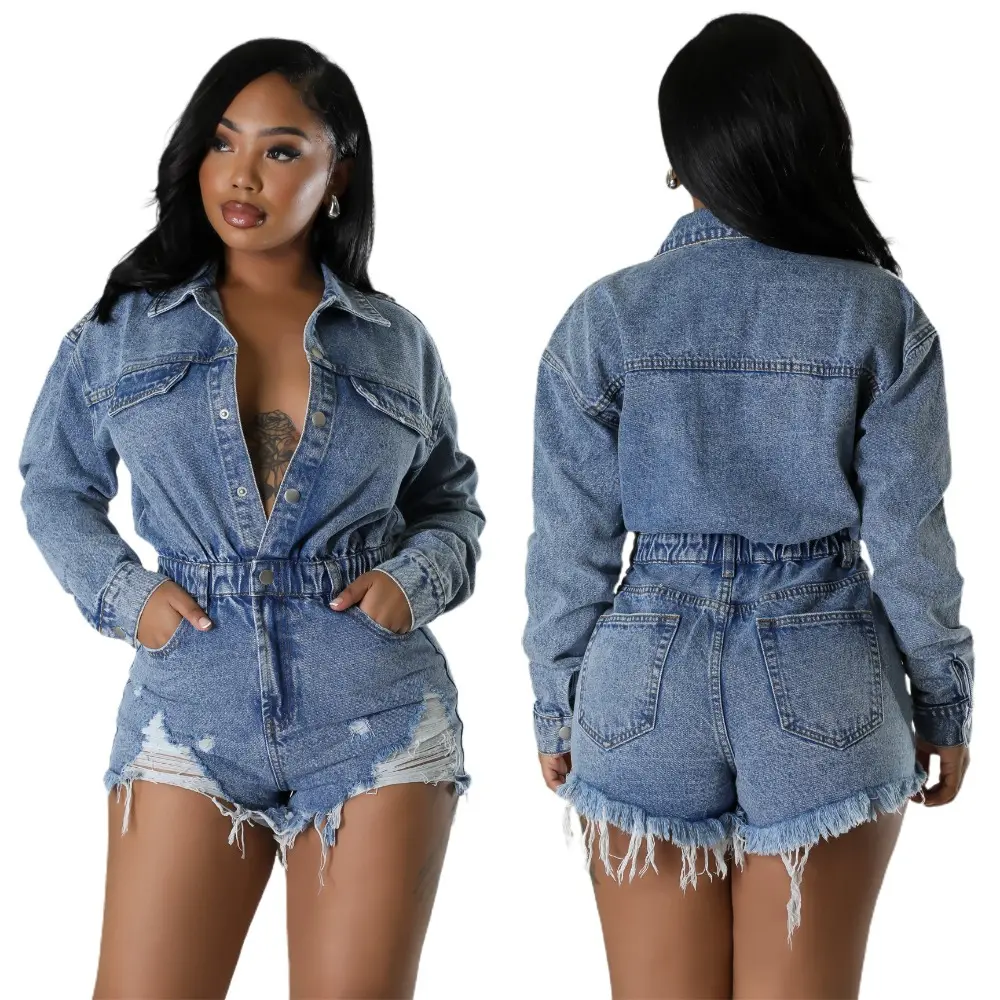 High elasticity ripped tassel loose wash denim jumpsuit jumpsuit