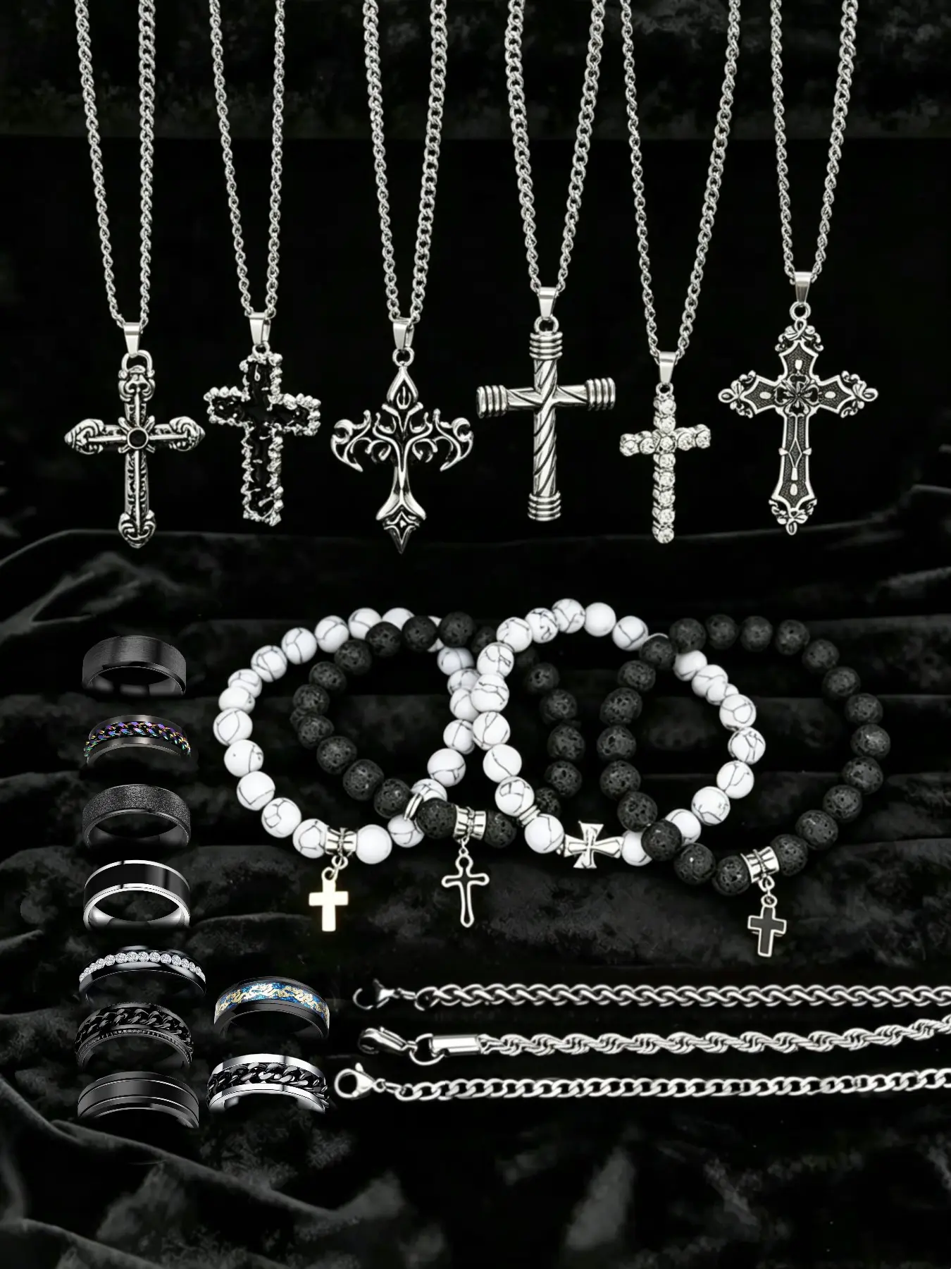22-Piece Men's Stainless Steel Fashionable Costume Jewelry Set, Gothic Cross Necklace, Volcanic Stone Bracelet, Stackable Rings, Punk Hip-Hop Style, Perfect Gift