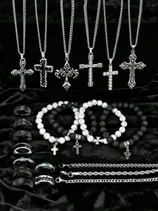 22-Piece Men's Stainless Steel Jewelry Set, Gothic Cross Pendant Necklaces, Volcanic Stone Bracelets & Stackable Rings, Non-Tarnish Punk Hip Hop Accessories for Men, Perfect Gift for Him Perfect Birthday/Anniversary/Father's Day Gift for Him
