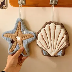 2pcs/Set of Cute Ocean-Themed Hanging Hand Towels, Starfish And Shell-Shaped Soft And Absorbent Plush Towels, with Hanging Loops, Decorative Towels for Bathroom And Kitchen, Home Essentials