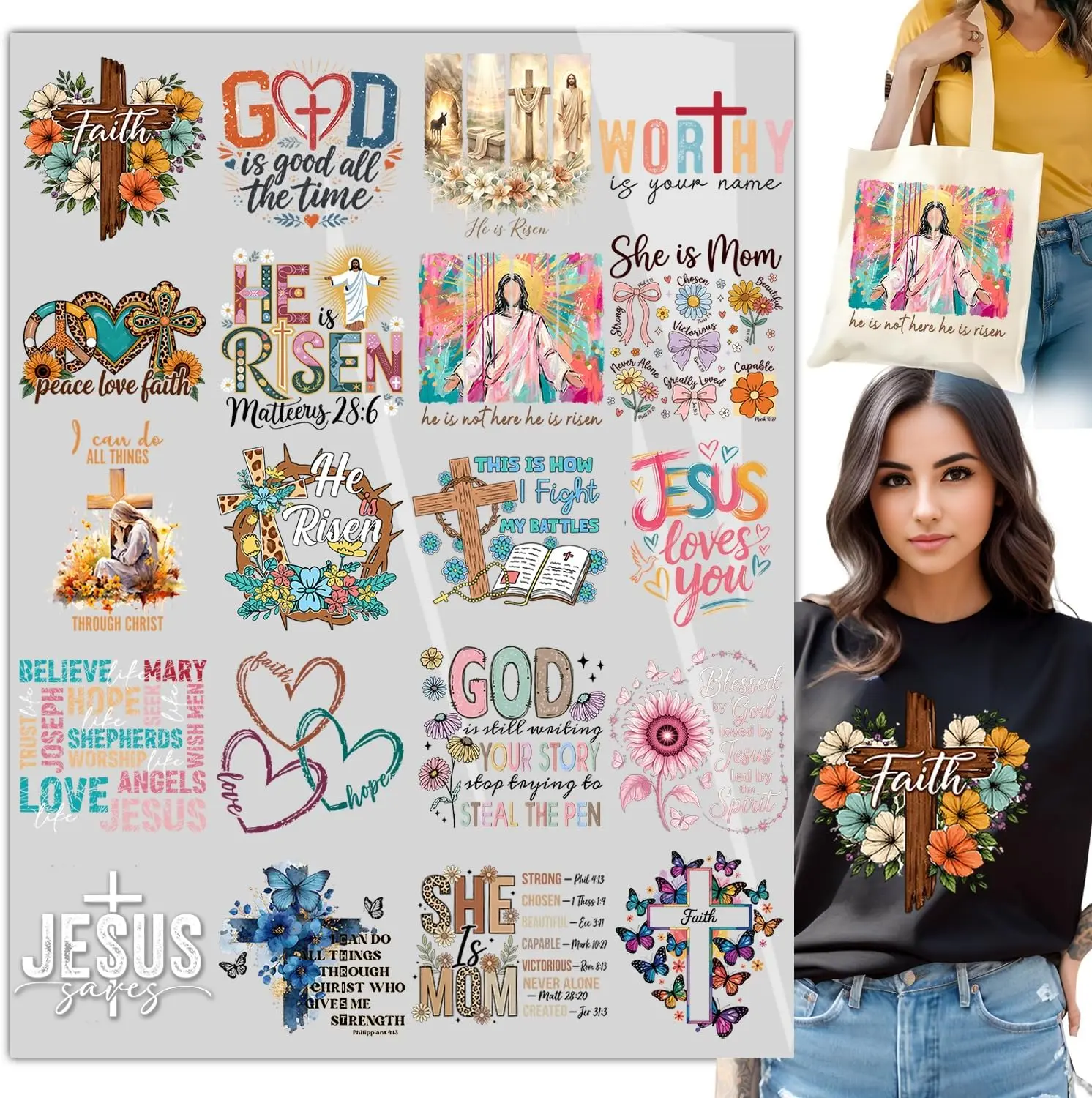 20 PCS Christian DTF Heat Transfer Designs – Jesus Faith Religious Iron On Transfers for T-Shirts, Easter Christian Graphics Ready to Press DIY Prints