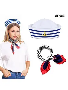 2 Piece Navy Style Sailor Hat and Scarf Set, Anchor Badge Striped Retro Vintage Cosplay Party Costume, Elegant Daily Wear, Classic Stripes, Role Play Accessories