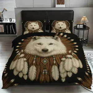 3-Pieces Wolf and Dreamcatcher Pattern Print Polyester Bedding Set, Includes Duvet Cover, Flat Sheet, Pillowcase, Queen Size, Woven Weaving Method, Perfect Gift for Animal Lovers
