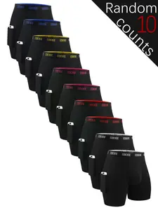 Random Men's Solid Color Letter Tape Side Pocket Boxer Brief, Breathable Comfortable Underwear for Daily Wear, Casual Men's Underwear for All Seasons, Breathable Boxer Briefs, Stretchy Boxer Briefs