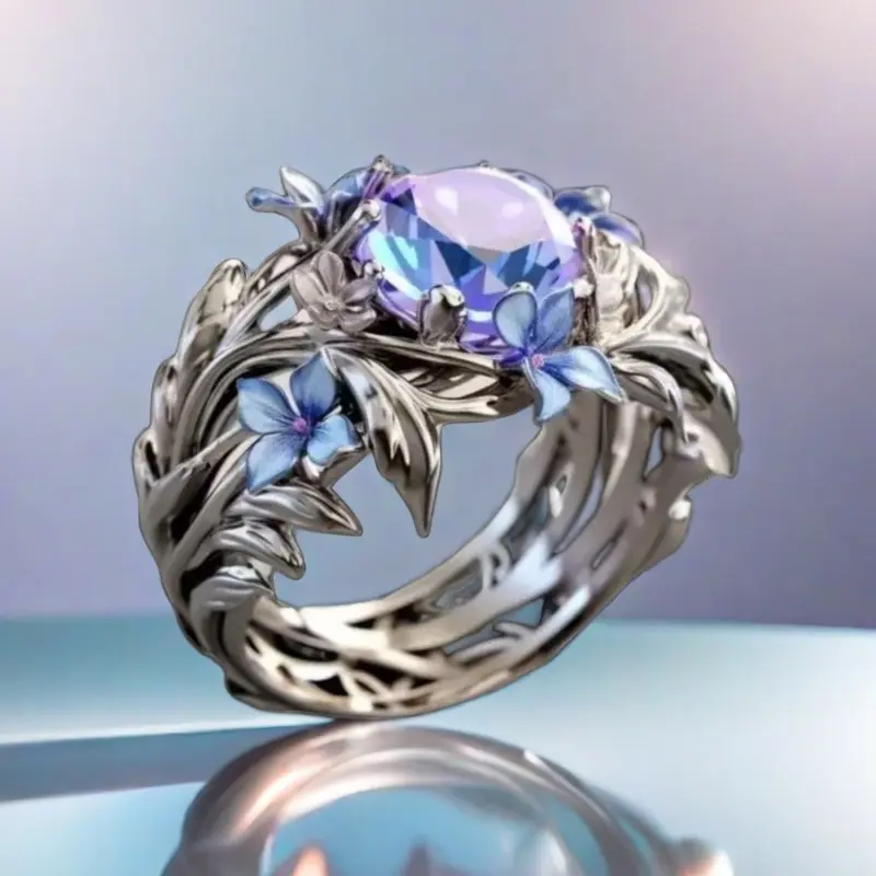 Women's BeiVer Retro Sapphire Blue Flower-Shaped Costume Ring - Antique-Inspired, Micro Pave Crystals, Hand-Fabricated Ring Stack Accent, Daily Wear Metal, Special Evening Elegance, Romantic Gifts for Her