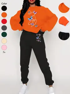 Trendy Butterfly Print Sweatshirt Set, Comfortable Women's Autumn Winter Clothing, Casual Fitted Two-Piece for Daily Wear