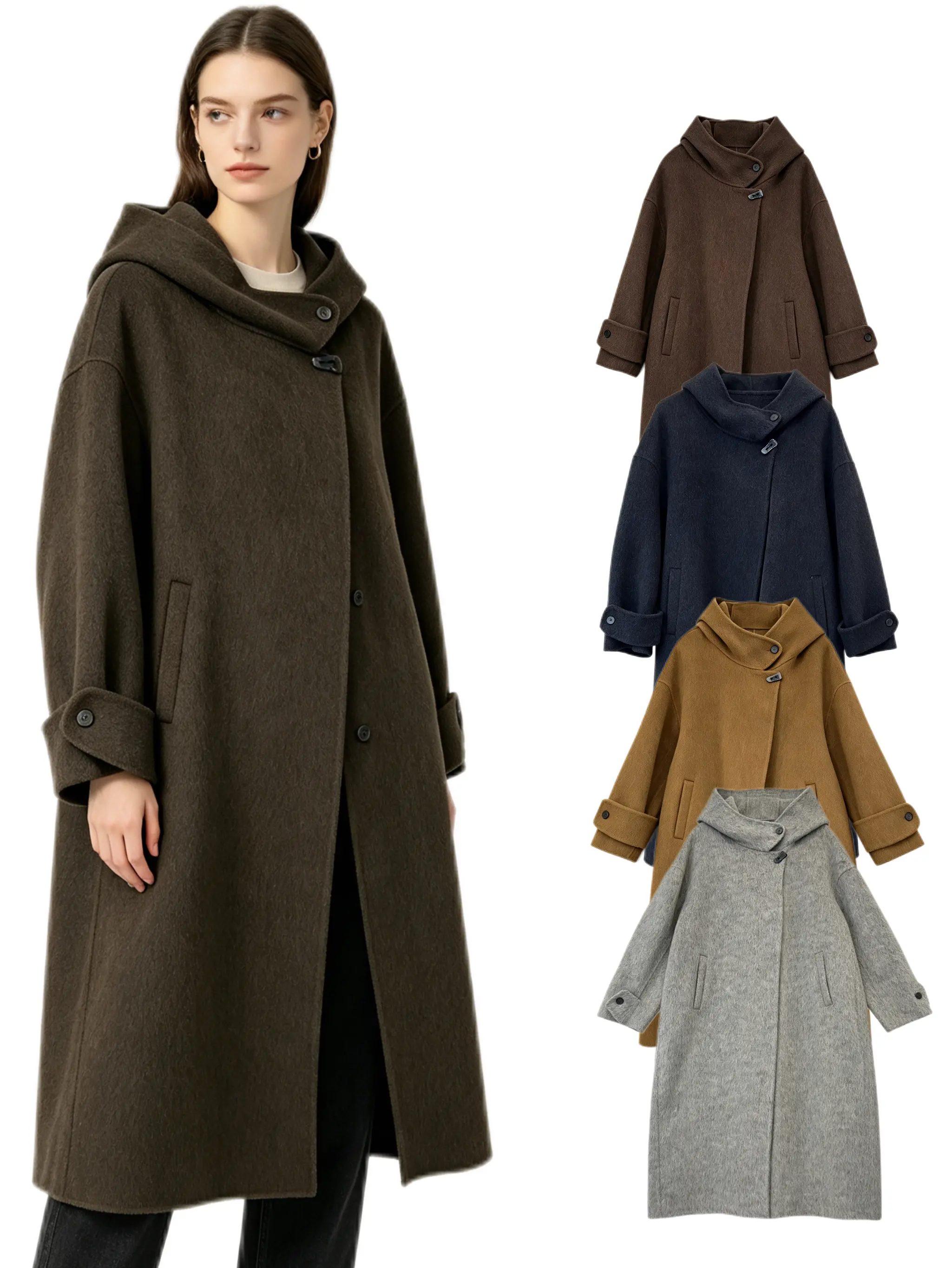 Women’s Hooded 100% Wool Long Coat, Loose Oversized Wrap Overcoat with Cuffed Sleeves for Fall Winter