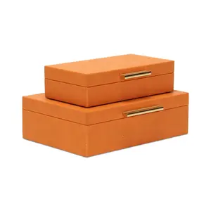Cheungs 5824-2OR Lusan Rectangular Wood Decorative Storage Box Set, Orange Faux Shagreen Home Organiser