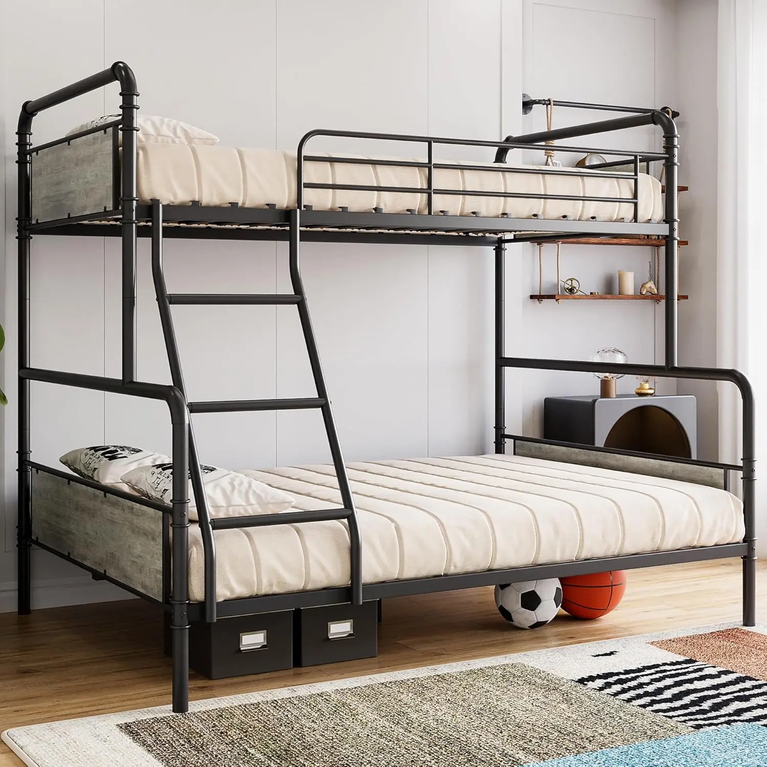 Vintage Grey Twin-Over-Full Convertible Metal Bunk Bed - Durable Metal Loft Bed, High Guardrail, Ladder, No Box Spring Needed, Easy Assembly, Space-Saving Sleeper, Supports 450lbs, Kids' Bedroom Furniture