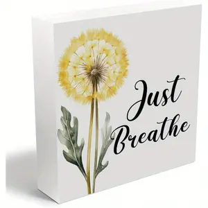 Just Breathe Decorative Wooden Box Sign, dandelion Inspirational Quotes Deco Rustic Farmhouse Design Home Office Shelf Table Decorations Wood Block Plaque 5x5 inch Home Decor Products
