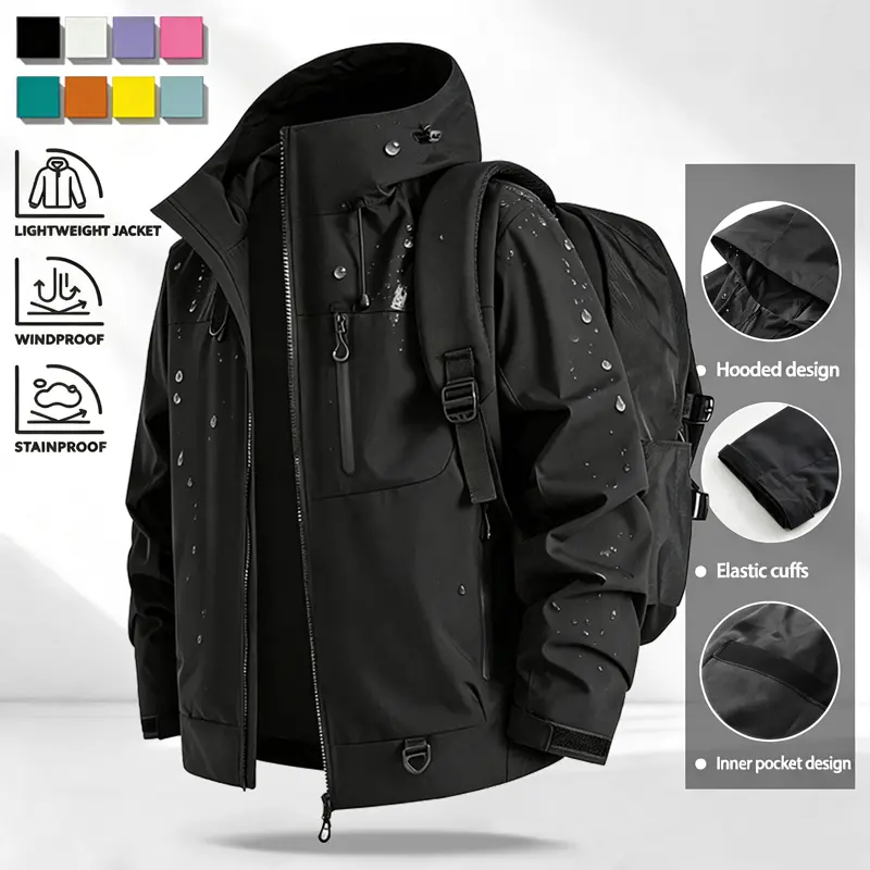 Men’s multi-color hooded outdoor jacket—windproof, lightweight, stain-resistant, splash-proof casual windbreaker with adjustable cuffs and multiple pockets; outerwear for hiking, camping, trekking, cycling, road trips, daily urban commuting, and streetwea