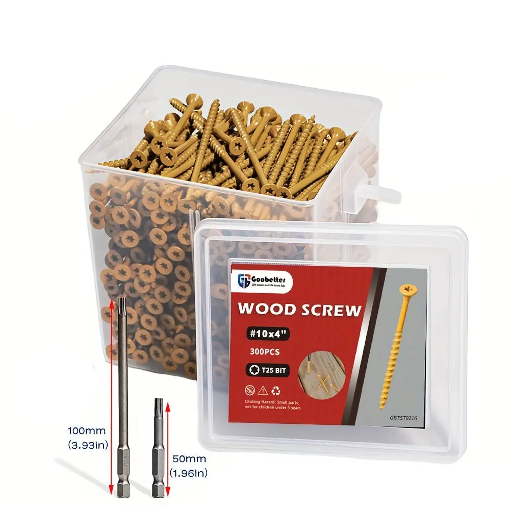 300Pcs Generous Quantity Yellow #10 x 4-in Metal Galvanized Deck Screws, Partially Threaded Torx/Star Drive Self-Tapping Wood Screws for Fence Pickets, General Exterior Wood Construction, Includes 2 T25 Bits