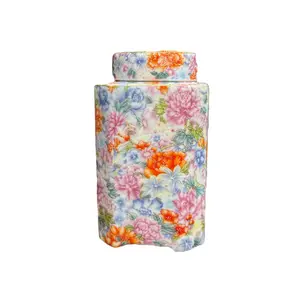 Floral Storage Jar Ceramic Container with Pink Blue Orange Flowers 5.7 inch Diameter for Home Decor Elegant Ceramic Design Rectangle Shape