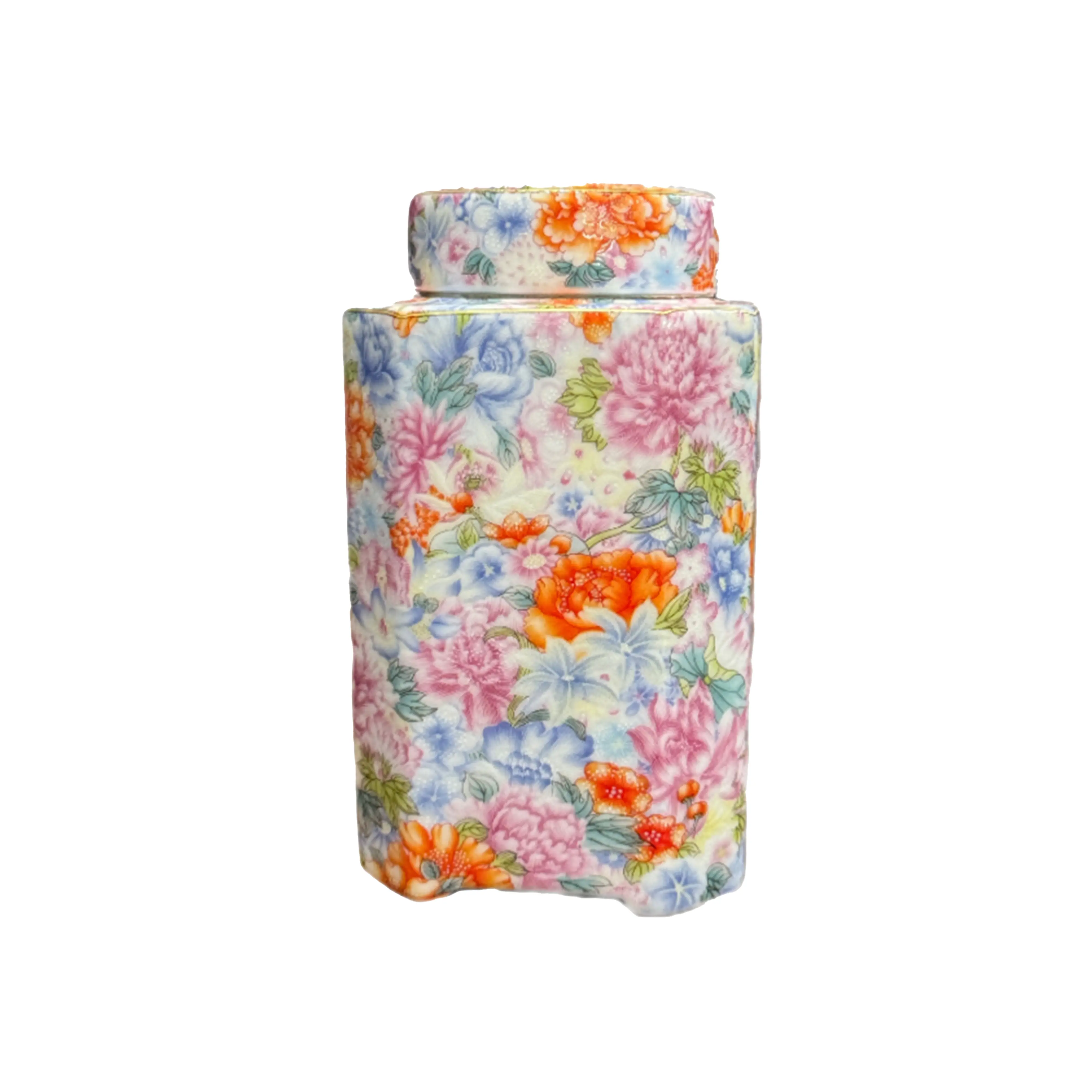 Floral Storage Jar Ceramic Container with Pink Blue Orange Flowers 5.7 inch Diameter for Home Decor Elegant Ceramic Design Rectangle Shape