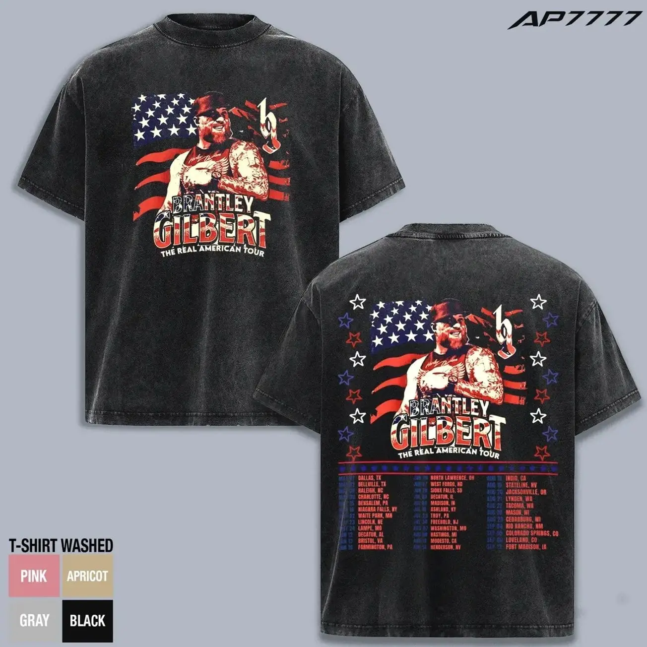 Brantley Gilbert The Real American Tour Shirt, Country Music Vintage Washed Tee, Double Sided Concert Tour Graphic T Shirt, Retro Southern Rock Cowboy Merch, Oversized Heavyweight Unisex Fan Gift, Patriotic Country Apparel Tee NVN
