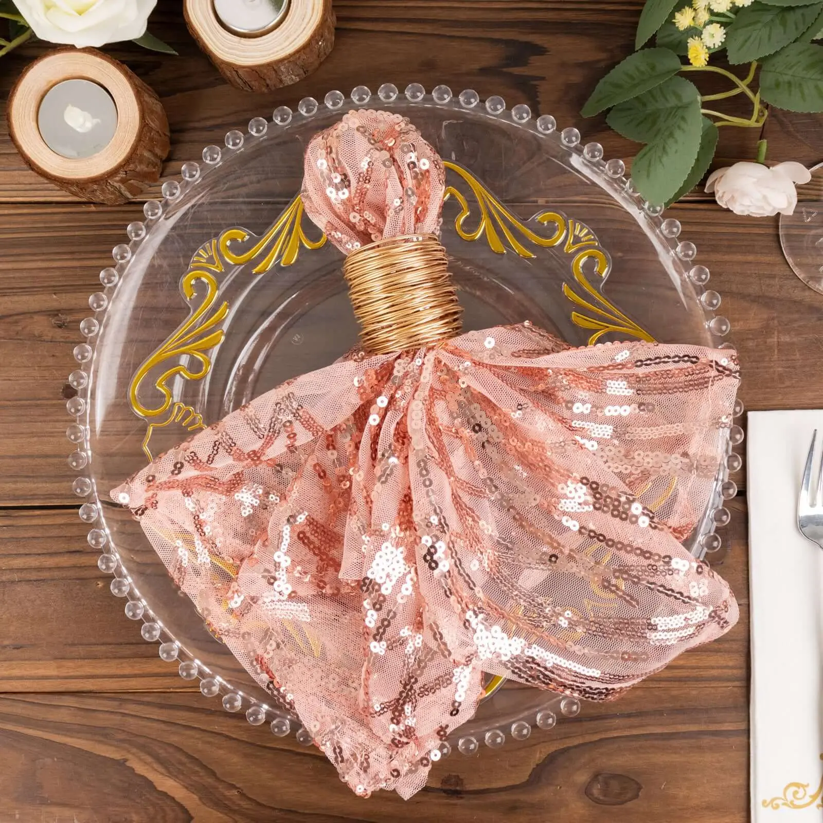 Blush Sequin Mesh Tableware Napkin, 20"x20" Wave-Embroidered Dinner Napkin