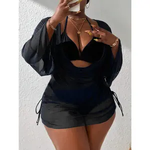 SwimWeekWomen Plus Size Halter Triangle Bikini 3 Piece Swimsuit Set with Ruched Drawstring Side Cover Up
