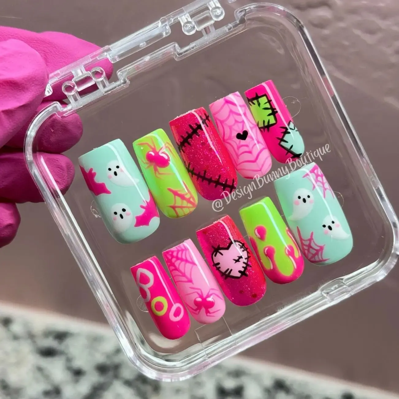 Halloween Ghost Press On Nails: Neon Gel Spiders, Stitches, Boo Designs