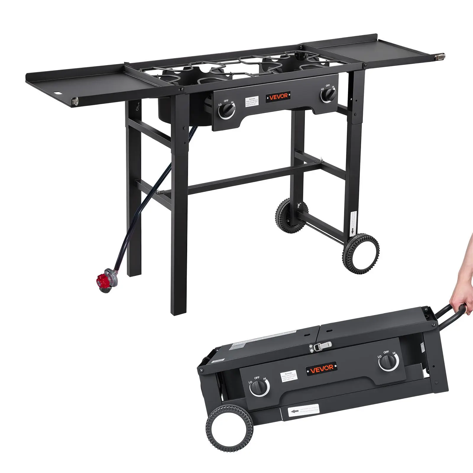 【SummerFinds】VEVOR 2-Burner Outdoor Portable Propane Gas Stove - 150000 BTU Picnic Cooker, Foldable Heavy-Duty Carbon Steel Folding Camping Grill, with Wheels, Shield, 20 PSI Regulator, Camping Cooking Set, Camper RV Accessories for Camp Patio