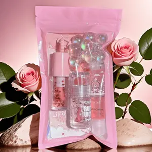 Transparent Grape Temperature-Sensitive Lip Oil, Fruit Flavor Glitter Brush, Colored Lip Gel, Bear Tube, 3pcs Lip Balm Set, Transparent Gift Bag