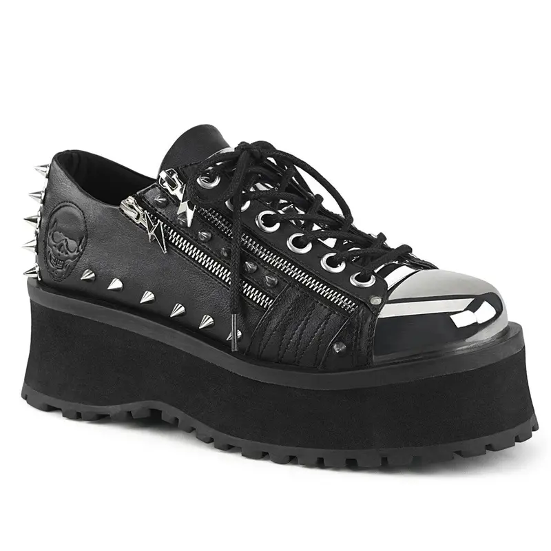 Demonia Women's Edgy Style Fashion Gravedigger Lace-Up Oxford Platform Footwear, 2 3/4" (70mm) Heel, Metal Toe Cap, Cone Stud Detailing, Leather & Faux Leather Vegan Shoes
