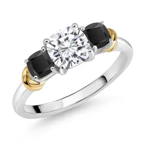 Two-Tone White Moissanite and Gemstone Birthstone 3-Stone Engagement Ring for Women | 925 Silver and 10K Yellow Gold | Cushion Cut 6MM and 4MM | Fine Jewelry for Wedding Anniversary | Sizes 5-9