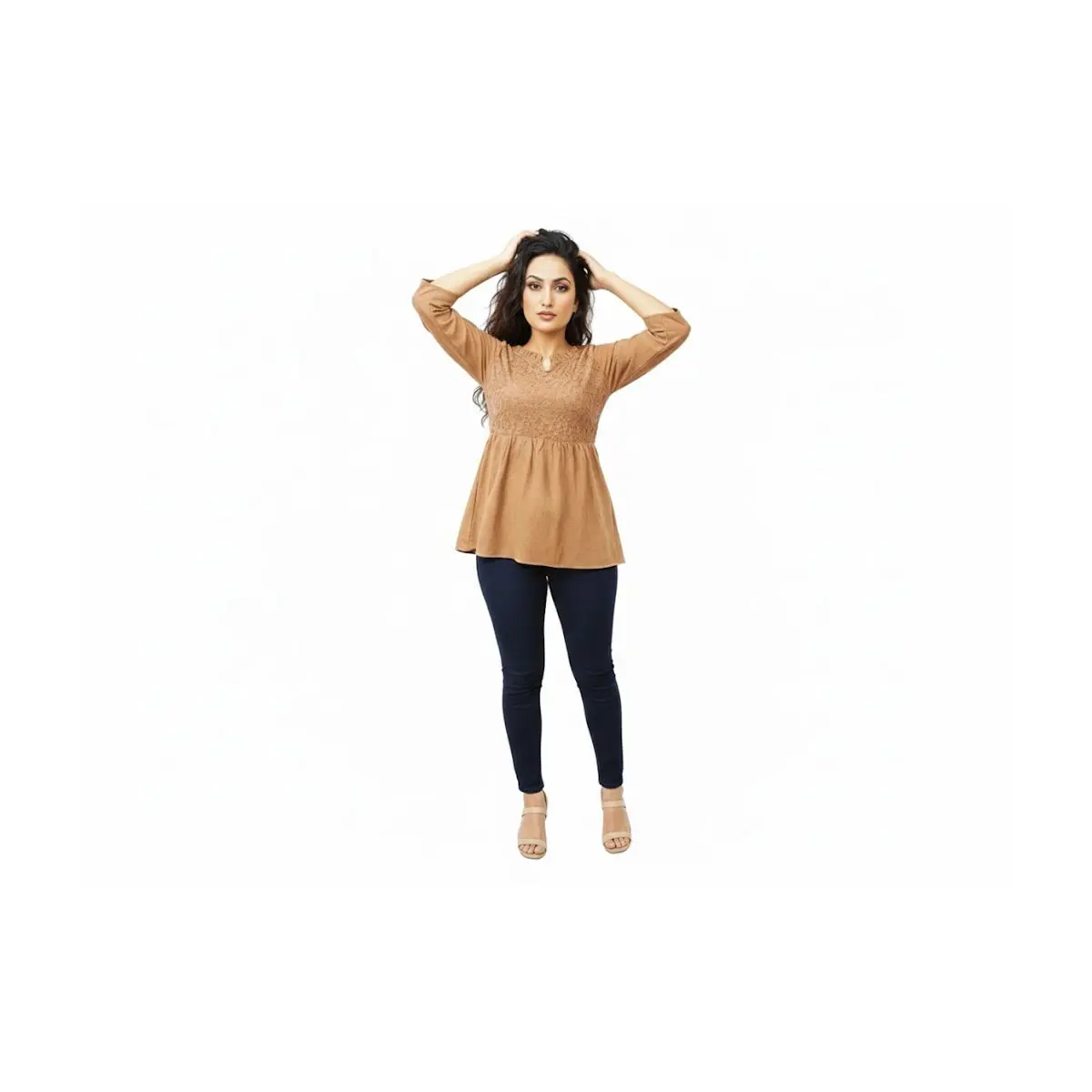#AR-4002 Camel Brown Peplum/Babydoll Top – 3/4 Sleeve, Smocked Bodice